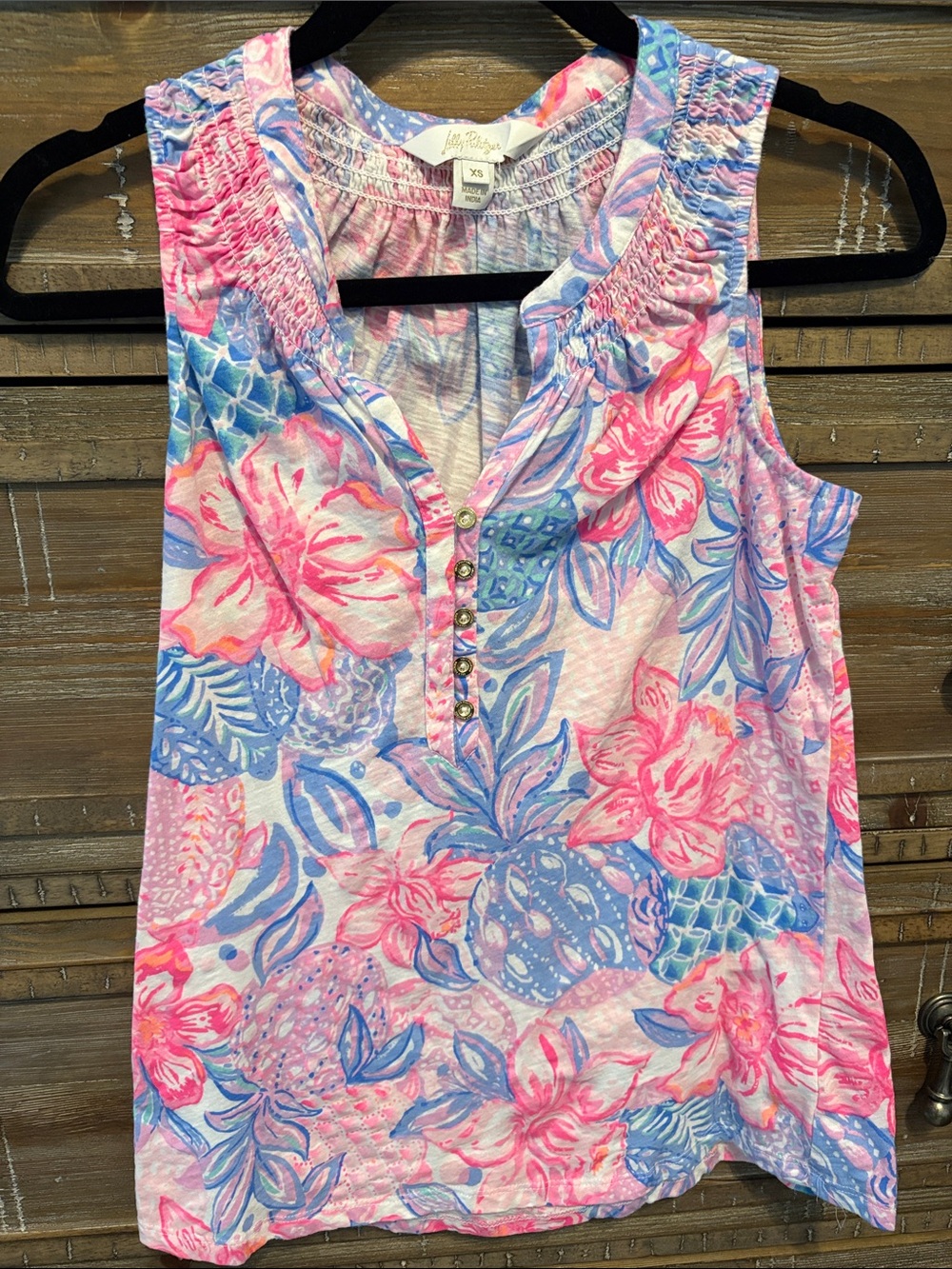 Lilly Pulitzer Pink & Blue Floral Sleeveless Henley Tank